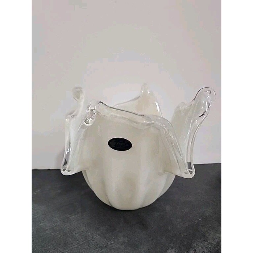 Very Large Murano White Cristal Glass Fluted Hankerchief Wave Rim Handblown Bowl